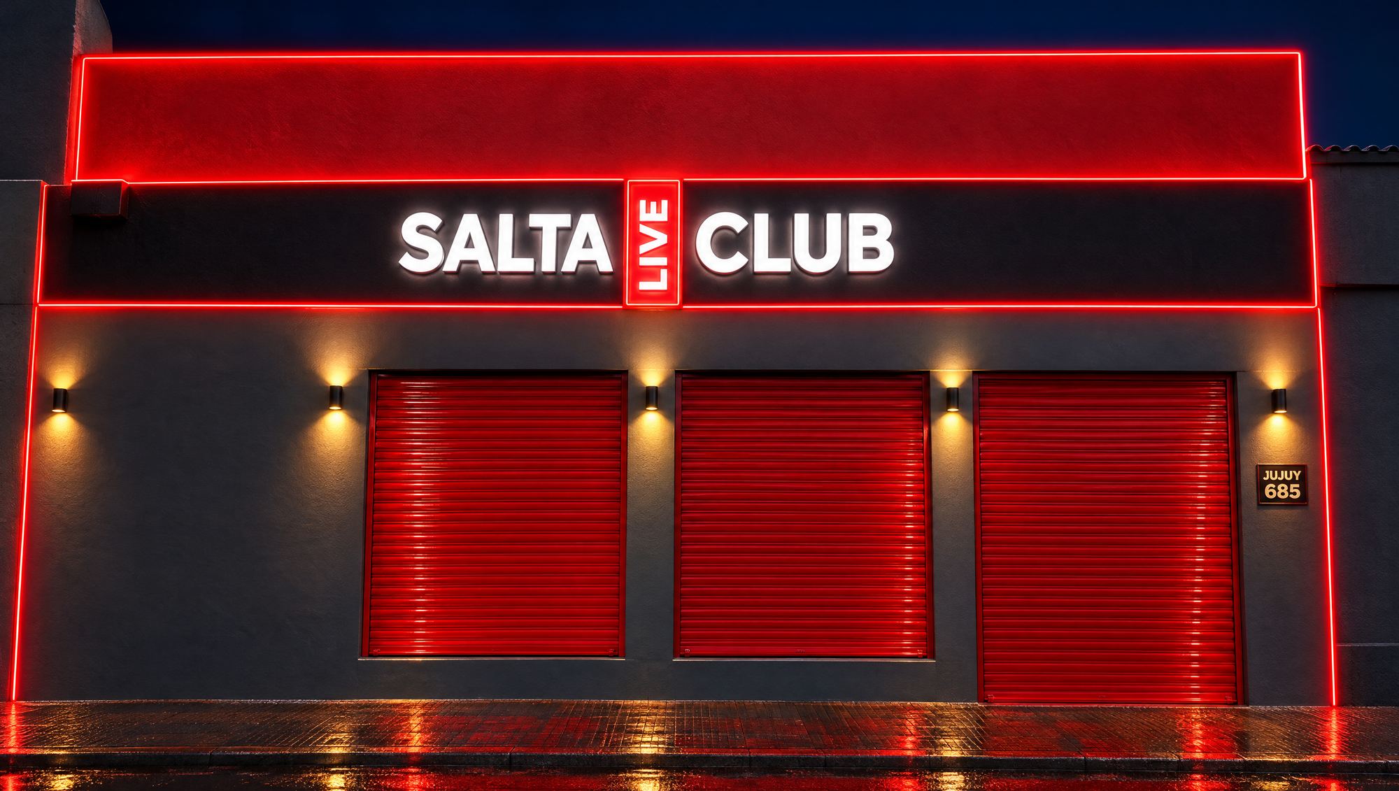 Fachada de Salta LIVE Club de noche, con carteles de neón rojo